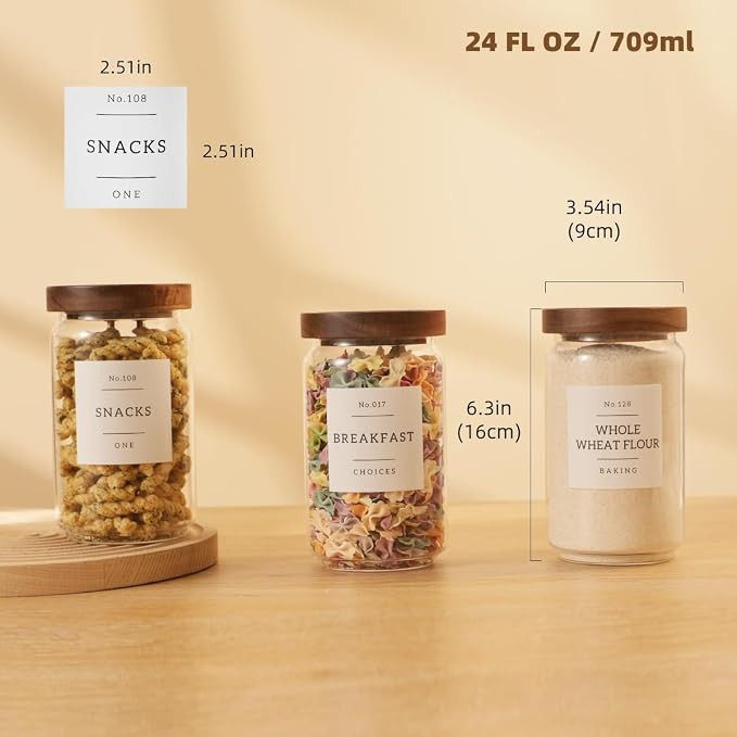 6 Pack Glass Canisters with Airtight Acacia Lids and 132 Kitchen Pantey Labels Preprint - 24 Fl Oz Borosilicate Glass Pantry Storage Jars Containers with Wooden Lids for Tea,Sugar,Cookie,Coffee,Candy