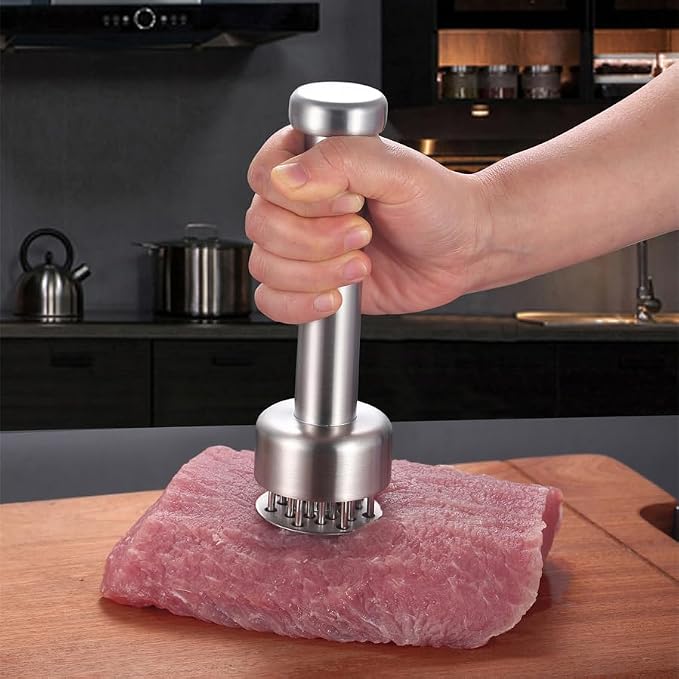 Meat Tenderizer with 21 Sharp Needles, Heavy-Duty Meat Tenderizer Tool with Auto-Rebound Safety Guard, Dishwasher Safe, Includes Cleaning Brush, Silver,304SS