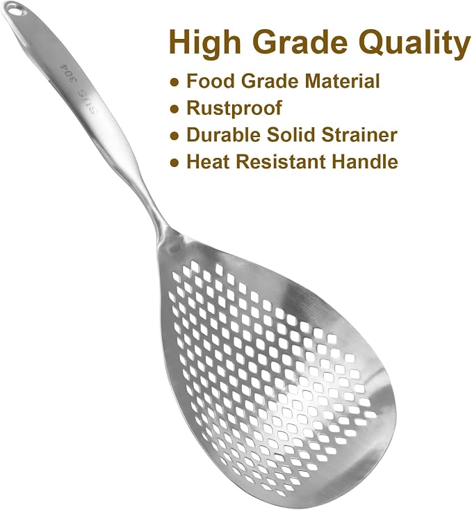 Jiozermi Stainless Steel Skimmer Slotted Spoon, Pasta Spider Strainer Ladle for Frying and Cooking, Durable 304 Stainless Steel Frying Strainer Spoon for Noodles, Pasta, and Vegetables