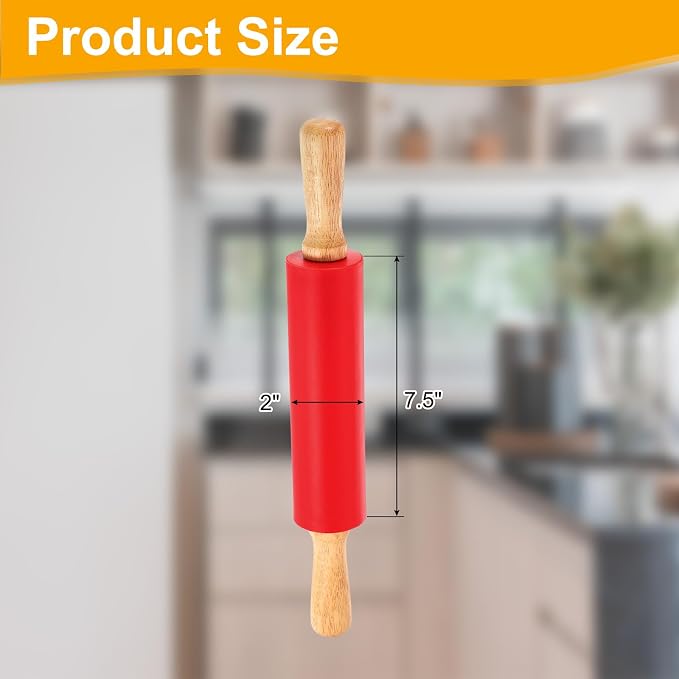 uxcell 7.5 Inch Silicone Rolling Pin, Small Dough Roller with Wood Handle for Pizza Pastry Fondant Kitchen, Red