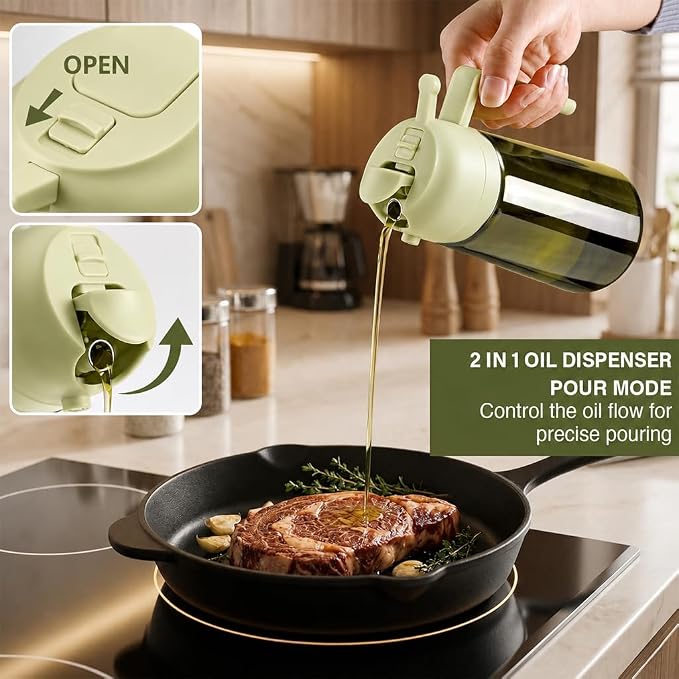 2-in-1 Oil Sprayer Dispenser, 16oz UV-Blocking Glass, Non-Slip | Extra Stability, Easy Refill, Refined Aesthetic