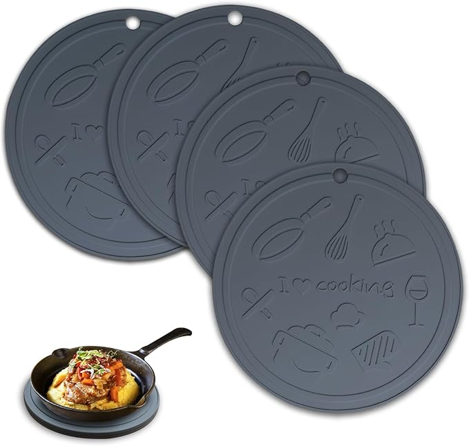 Silicone Trivet Mats - 3 Heat Resistant Pot Holders, Non-Slip Hot Pads for Kitchen, Food Grade Silicone, BPA Free, Easy to Wash (Dark Gray 4 piece)