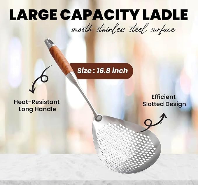 Skimmer Slotted Spoon 304 Stainless Steel With Wooden Handle 16.8 inch Skimmer Spider Food Strainer Ladle Kitchen Cooking Colander for Pasta Deep Frying Scoop