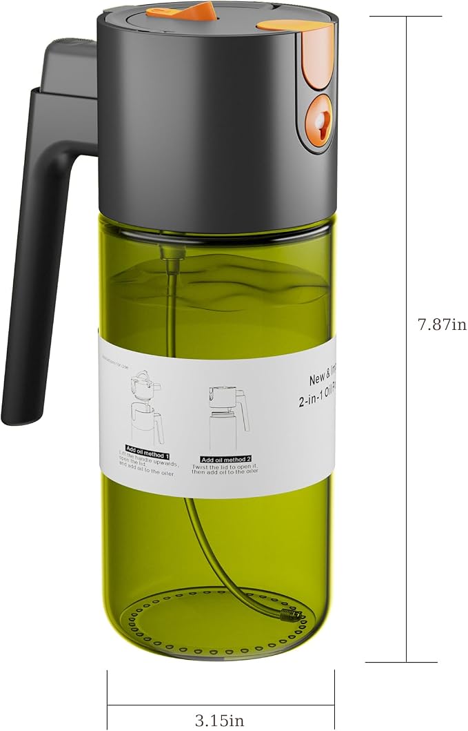 LAKUMIQI 2 in 1 Oil Sprayer for Cooking, 17oz | Light-Blocking Glass Spray Bottle with Stickers, Oil Dispenser for Salad, Air Fryer & BBQ
