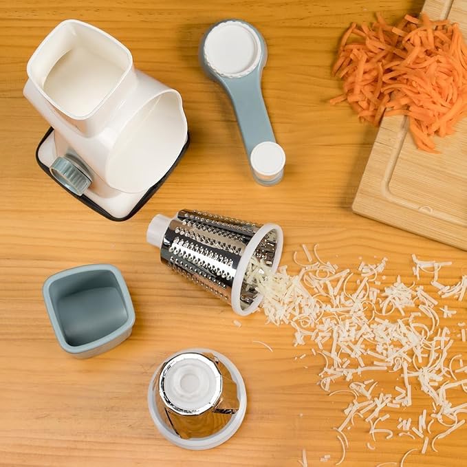 KEOUKE Rotary Cheese Grater Hand Crank White - Shredder Slicer Grinder 3 Stainless Steel Blades, Stable Suction, Labor-Saving Handle, Safe Kitchen Tool for Cheese, Vegetable, Nuts, Chocolate