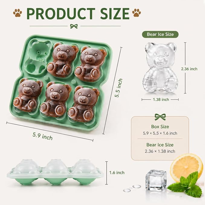 Bear Ice Cube Tray Mold - Cute Fun Whiskey Ice Molds Gifts for Women Men | 3D Bear Shape Cute Ice Molds for Whiskey Bourbon, 4-Hole Large Fun Shapes Funny Gifts, for Animals Lovers Women Men