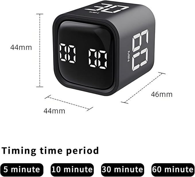 Qumox Pomodoro Timer, Cube Productivity Timer with Adjustable Sound and Vibration Alert, Ideal for Work, Office, ADHD, Study, and Tasks - 5/10/30/60 Minutes & Custom Countdown - Black
