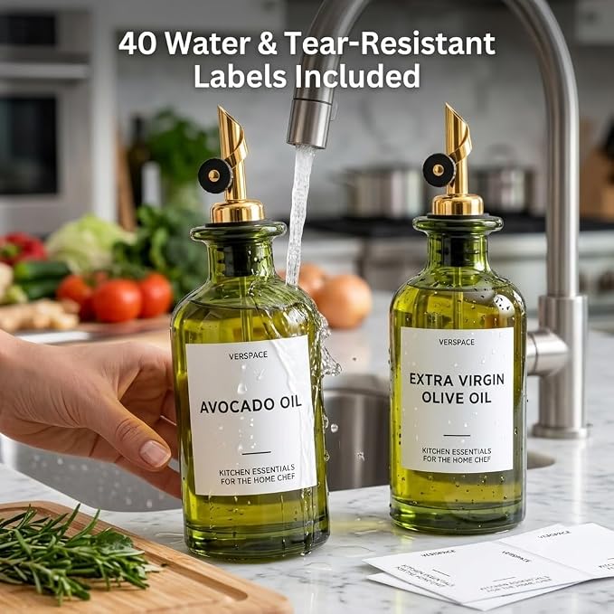 Verspace UV-Protected Green Glass Olive Oil Dispenser Bottles For Kitchen - 2 Pack - 17oz Includes 40 Kitchen Essential Labels, Avocado Oil Dispenser Set, Modern Decor for Home, Airbnb, Cafe
