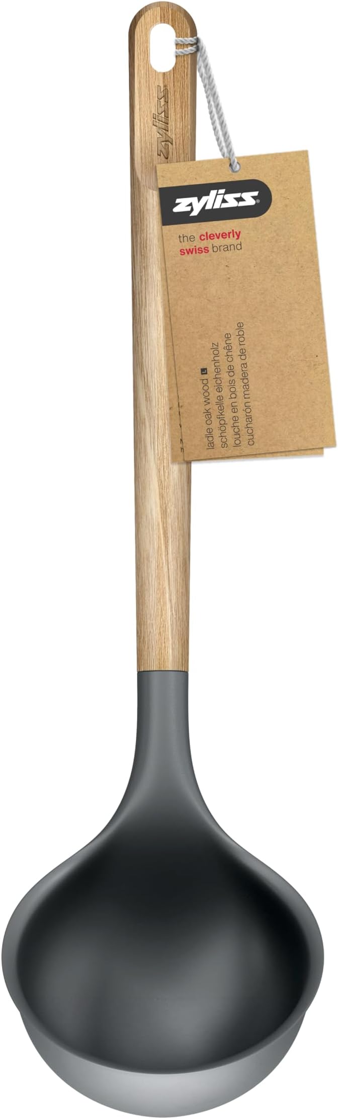 Zyliss Oak Wood Ladle Large – Durable Soup Ladle with Heat-Resistant PBT Head, Non-Stick Safe Silicone Edge, FSC Oak Handle, Roll-Stop Base, Perfect for Soups Stews Sauces and Curries 11.9"