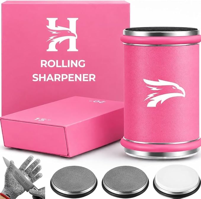High Carbon Stainless Steel Rolling Knife Sharpener with 400, 1000 & 3000 Replacement Discs - Blunt Knife Sharpening Kit with 15 and 20 Degree Sharpening for Kitchen & Chef's Knives (Pink)