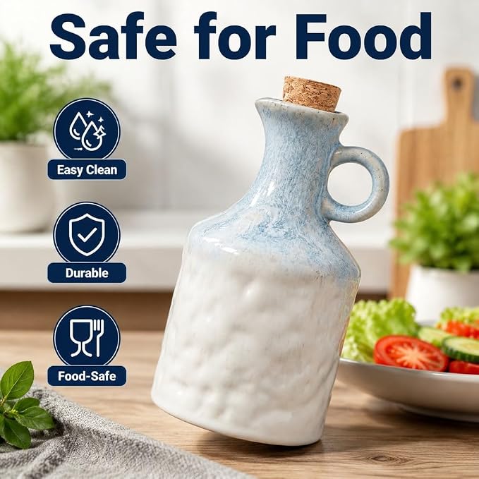Blue White Ceramic Olive Oil Dispenser Bottle with Cork Stopper 13.5Oz | Reactive Glaze Texture Oil Bottle, Leak Proof Small Spout,Great for Storing Vinegar, Wine, Soy Sauce, Lemon Juice