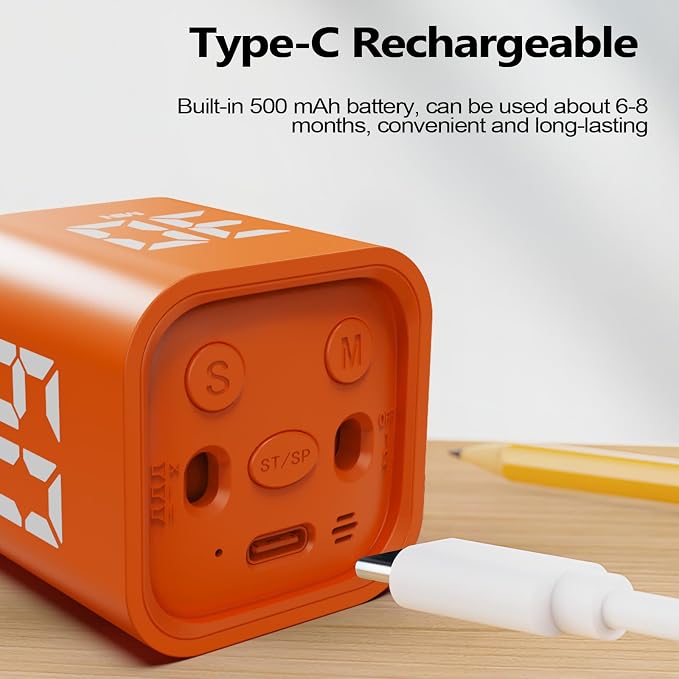 GuDoQi Multi-Function Cube Timer, 5/10/30/60 Min & Custom Count Down, Included Pause & Resume Feature, Silent, Vibrate & Adjustable Sound Alarm for Productivity in Tasks, Study & Kitchen, Orange