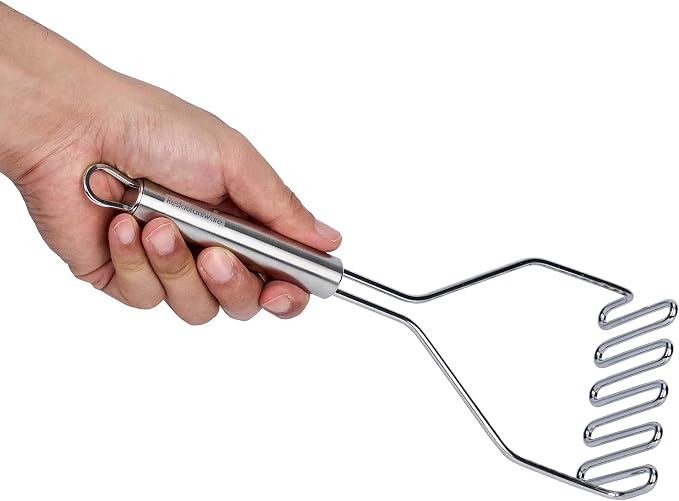 Restaurantware Stainless Steel Potato Masher - German Standard Heavy Duty Vegetable Masher, Ergonomic Handle, Dishwasher Safe - Avocado Guacamole Masher for Potatoes, Beans
