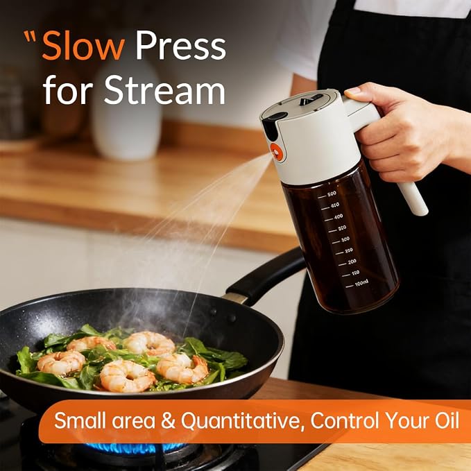 KEOUKE 2 in 1 Oil Sprayer & Dispenser for Cooking, 500ml Light-Blocking Glass Olive Oil Bottle with Gravity Sensing Cap, Ergonomic Push-Button Design for Air Fryer, BBQ, Salad