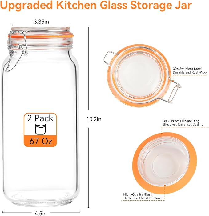 Glass Storage Jars with Airtight Lids - 2 Pack 67 Oz Food Containers Large Wide Mouth Kitchen Pantry Canisters Mason Jar for Flour Sugar Coffee Cookies Cereal Rice