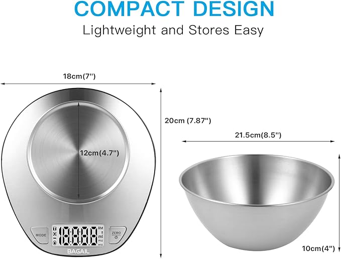 BAGAIL Digital Kitchen Food Scale with Stainless Steel Bowl, 11lb/5kg | 7 Weight Units, Large Clear Display, Gram Scale, For Baking & Cooking, Wet and Dry Ingredients, Batteries Included