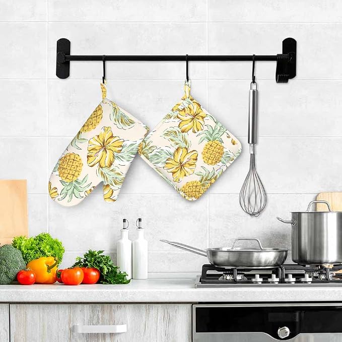 Mxocom Yellow Pineapples Oven Mitt and Pot Holder with Silicone Hibiscus Flowers Green Palm Leaves Summer Tropical Beach Floral Heat Resistant Kitchen for Cooking BBQ Baking Grilling Spring/Summer