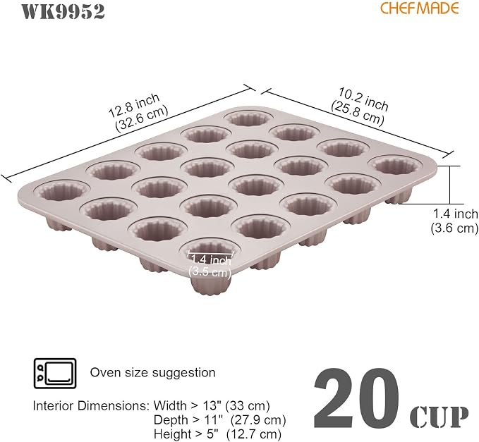 CHEFMADE Mini Canele Mold Cake Pan, 20-Cavity Non-Stick Mini Canele Muffin Bakeware Cupcake Pan for Oven Baking (Champagne Gold)