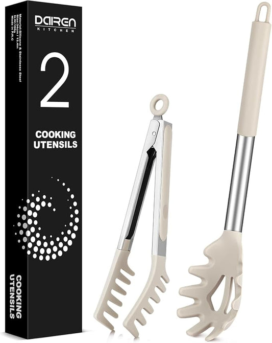 Spaghetti Spoon and Pasta Tong, Non-stick Silicone Spoon Server Fork with teeth and Stainless Steel Handle Spaghetti Tong, Food Clip for Spaghetti Noodle (KHAKI)