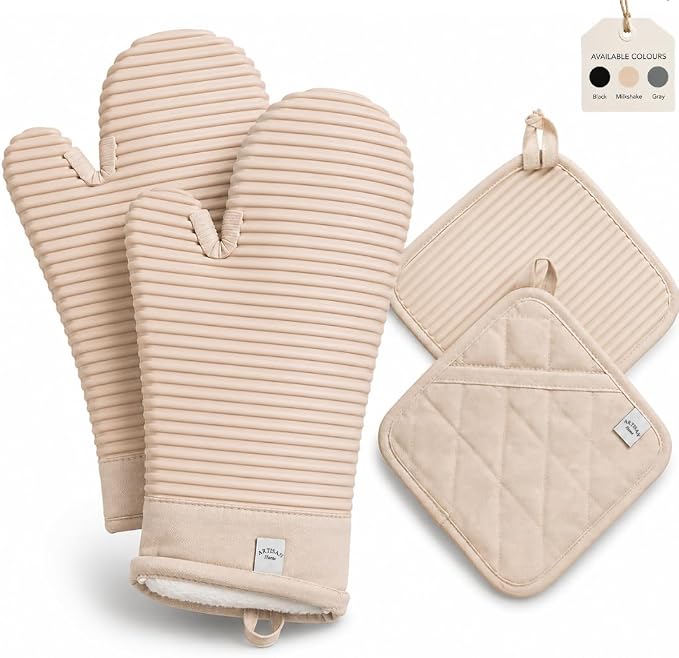 Extra Long Silicone Oven Mitts and Pot Holders Sets | Heat Resistant 500°F BPA-Free Food Grade Silicone Hot Pads & Kitchen Mittens | 4-Piece Set of Oven Gloves & Potholders for Kitchens.