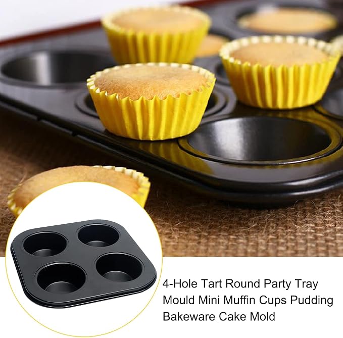 4 Cup Muffin Pan Mold - Non-Stick Cupcake Baking Tray/Tin - Carbon Steel Cake Mould For home, cafe bar and restaurant (Black)