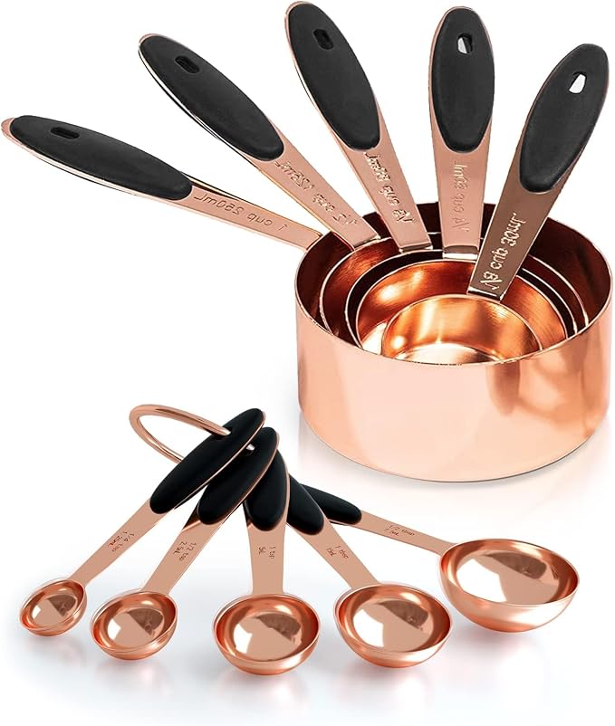 Joyhill Copper Measuring Cups and Spoons Set of 10 Piece, Stainless Steel Nesting Measuring Cup Set with Soft Touch Silicone Handles for Dry and Liquid Ingredients | BPA-Free Silicone Handles, Etched Markings, Nestable Design, Dishwasher Safe for Dry &...