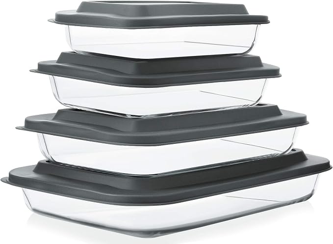 M MCIRCO 8 Piece Deep Glass Baking Dish with Lids, BPA free,Gray | Rectangular Glass Bakeware Set, Baking Pans for Lasagna, Casserole Dishes, Microwave, Oven, Freezer, Dishwasher