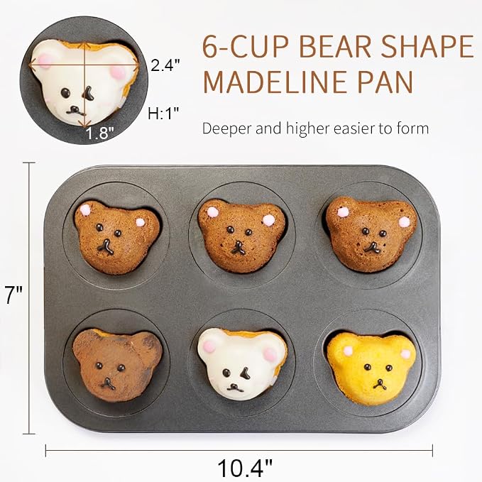 2 Pack Mini Bear Shaped Muffin Pans, 6 Cavity Non-Stick Madeleine Mold Cake Pan, Mini Muffin for Edible Bear Cake Topper Decoration Shower Birthday Party Decorations
