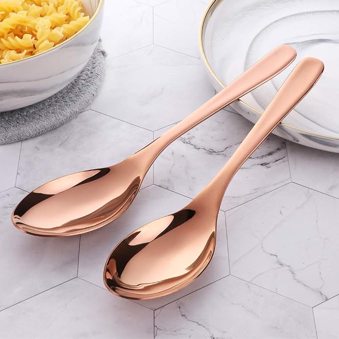 Buffet Serving Spoons, Stainless Steel 10 Inch Rose Gold Plated Server Set of 2, Large Salad Serverware Utensils, Dishwasher Safe