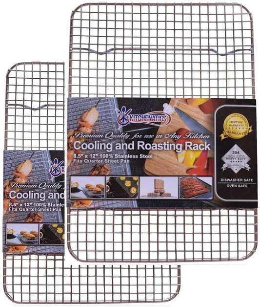 KITCHENATICS Quarter Sheet Cooling Rack Stainless Steel Oven Safe Set 2 | Fits standard quarter sheet pans for grilling, broiling, drying and draining grease while cooking