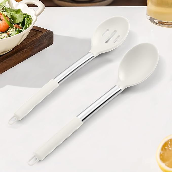 TeamFar Silicone Spoons, 2 Pcs Large Nonstick Kitchen Spoons, Heatproof Solid and Slotted Spoons for Cooking Mixing Serving Stirring, Healthy & Dishwasher Safe, White