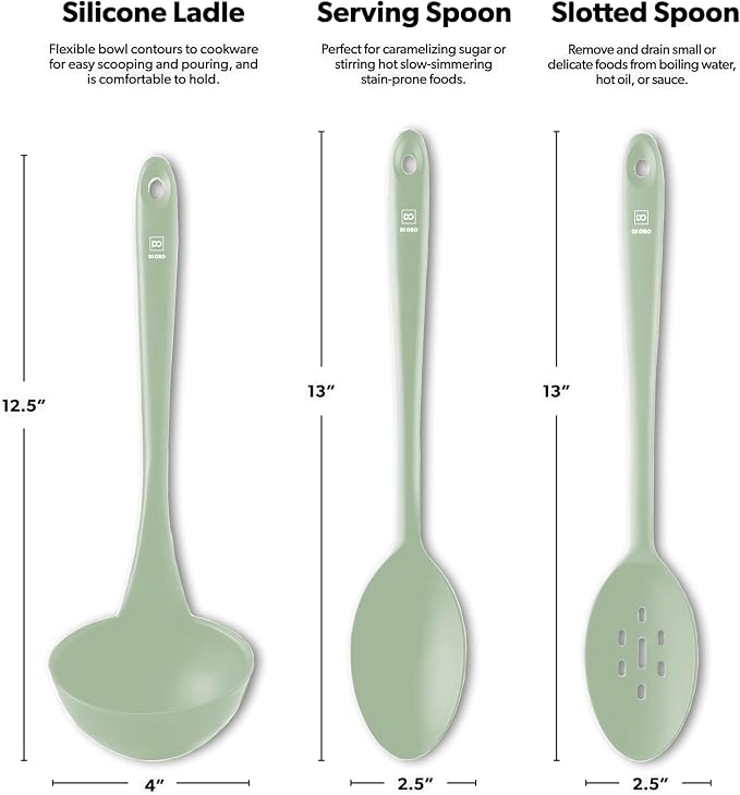 DI ORO Silicone Ladle & Spoons for Cooking – Large Kitchen Spoons for Mixing, Serving, & Stirring - Soup Ladle with Wide Bowl - High Heat Silicone Kitchen Utensils for Nonstick Cookware Safe (Sage)
