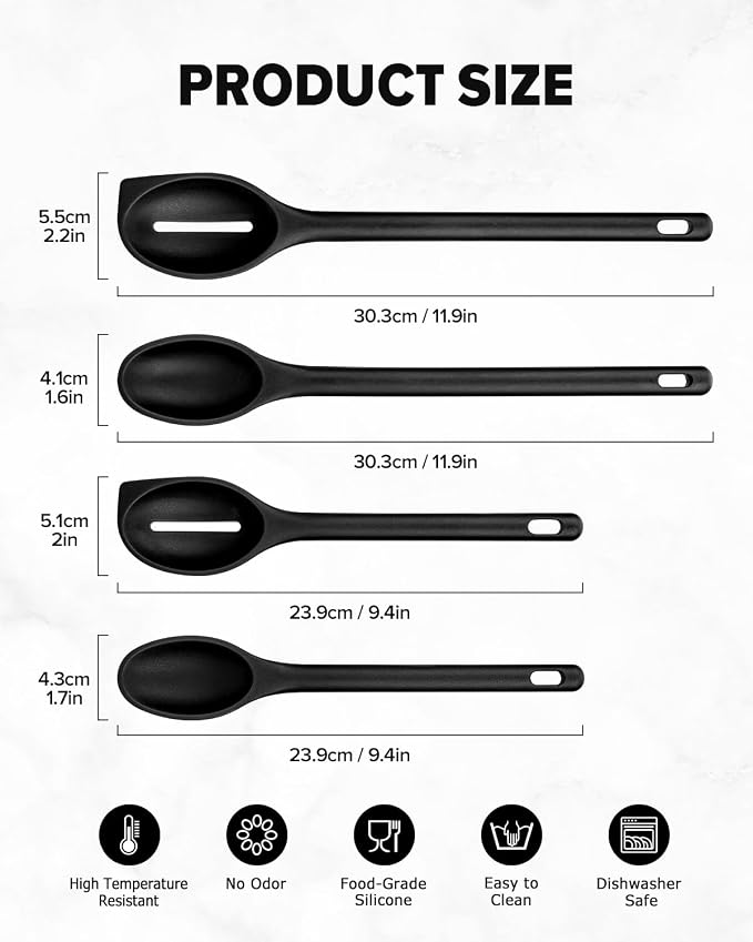 Silicone Cooking Spoons Set, Heat Resistant Kitchen Utensils, Non-Stick BPA Free Solid & Slotted Spoons for Mixing, Scooping, Draining, Serving, Basting (4 Pack) (BLACK)