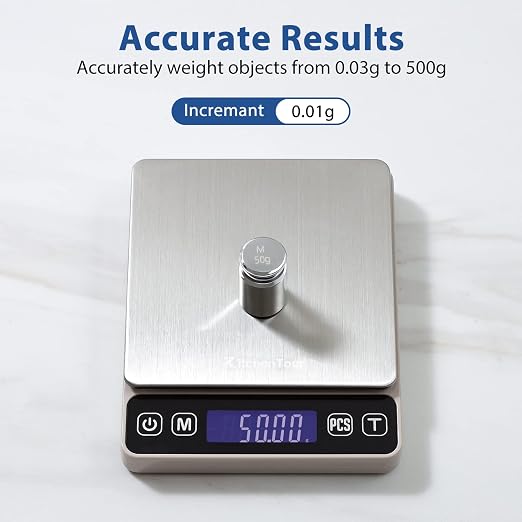 KitchenTour Digital Kitchen Gram Scale - 500g/0.01g - High Accuracy Precision Food Scale - Meat Scale with Back-Lit LCD Display(Batteries Included)-Grey