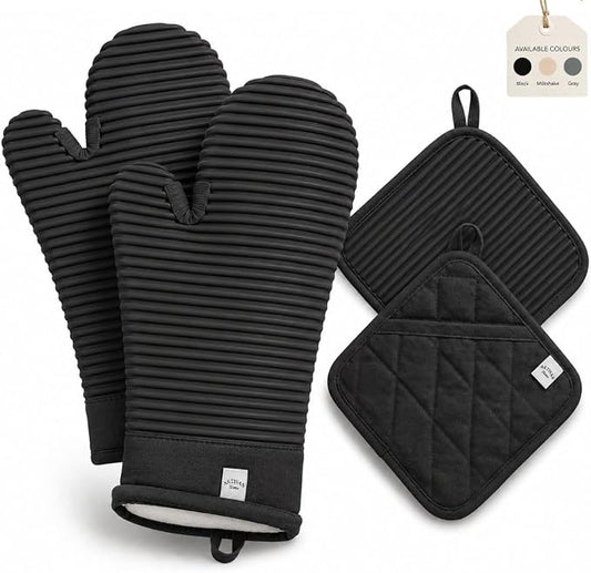 Silicone Oven Mitts and Pot Holders Set, 4-Piece | Extra Long Heat Resistant 500°F, Non-Slip Waterproof Oven Gloves with Quilted Cotton Lining | BPA-Free Hot Pads for Baking, Grilling & Cooking