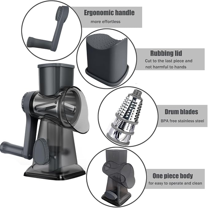 Rotary Cheese Grater Shredder with Handle Handheld Round Mandoline Vegetable Slicer Carrot Shredder Nut Grinder with 3 Replaceable Stainless Steel Drum Blades and Upgrade Strong Suction, Dark Grey
