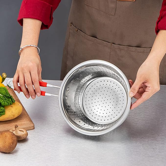 Stainless Steel Perforated Metal Colander Strainer with Long Red Handle Sieve Sifters Use for Kitchen Food Pasta Noodles Spaghetti Vegetables Silver - 10.24 inch (C072-Mer-26)