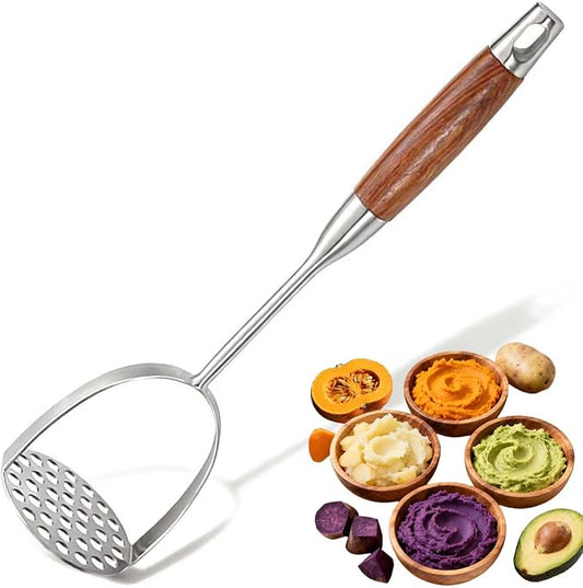 Potato Masher Stainless Steel, 14 Inch Potato Smasher - Kitchen Essential for Mashed Potatoes, Pumpkin, Carrots, Avocado & Fruits, Heavy Duty Metal Mashing Utensil (Wooden handle Masher)