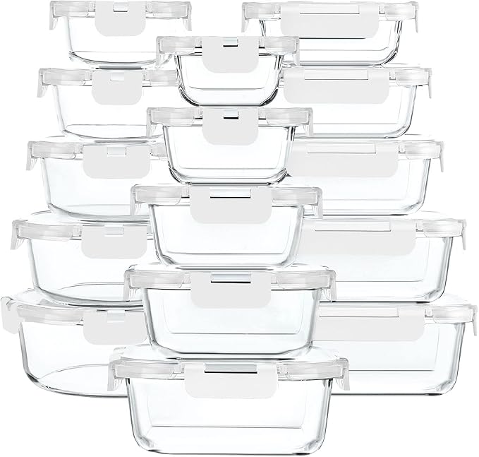 M MCIRCO 30 Piece Extra Large Glass Food Storage Containers with Lids | Glass Meal Prep Containers,Airtight Lunch Containers with Lids, Microwave, Oven, Freezer and Dishwasher, BPA Free, White