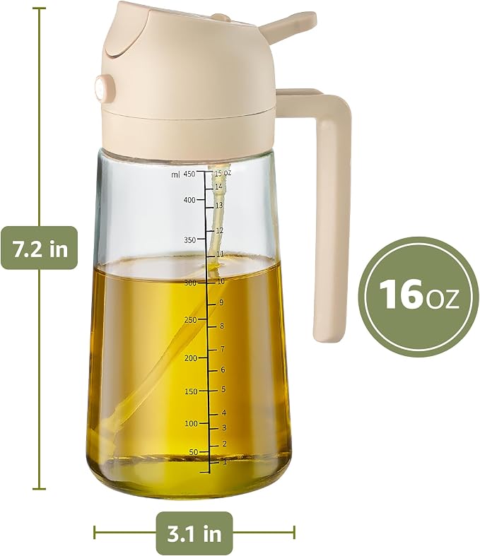 FineDine 16 oz Glass Olive Oil Sprayer for Cooking, Oil Dispenser, White | Glass 2-in-1 olive oil dispenser bottle, oil dispenser for kitchen, oil spray bottle, mist or stream, anti-drip spout, salads