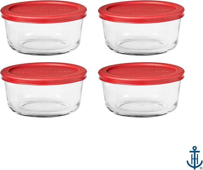 Anchor Hocking SnugFitTM Round Food Storage Containers with Lids (4-Piece, 4-cup, Red, oven-safe)