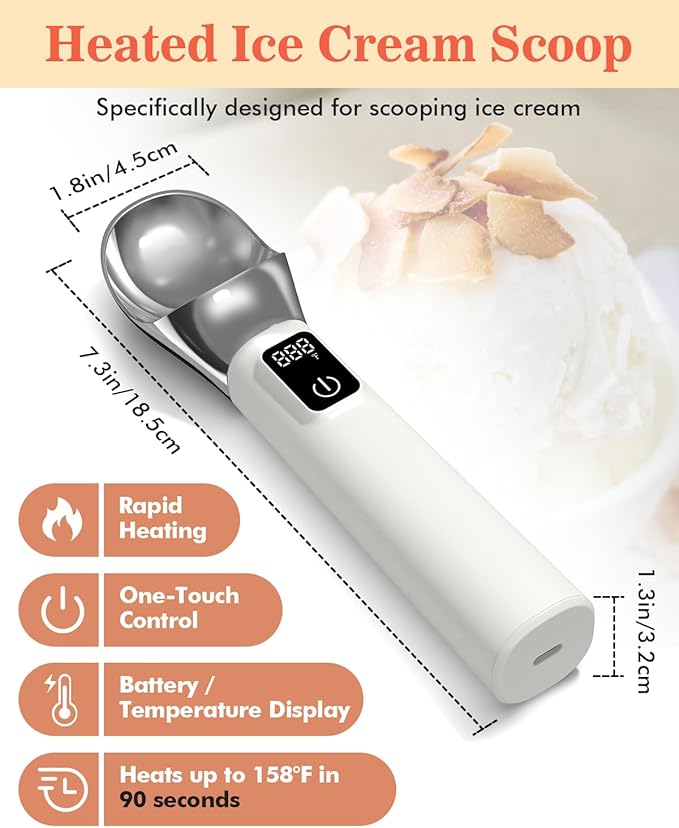 Heated Ice Cream Scoop Rechargeable, Electric Warming Ice Cream Scooper with LED Display, 5000mAh Battery, Food-Grade Metal, Easy Scoop for Hard Ice Cream, Gelato & Frozen Desserts