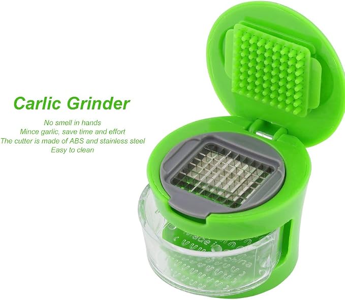 Garlic Chopper Roller, Garlic Press and Peeler Ginger Cutter Mincer with Stainless Steel Blades Kitchen Gadget Tool Set Green