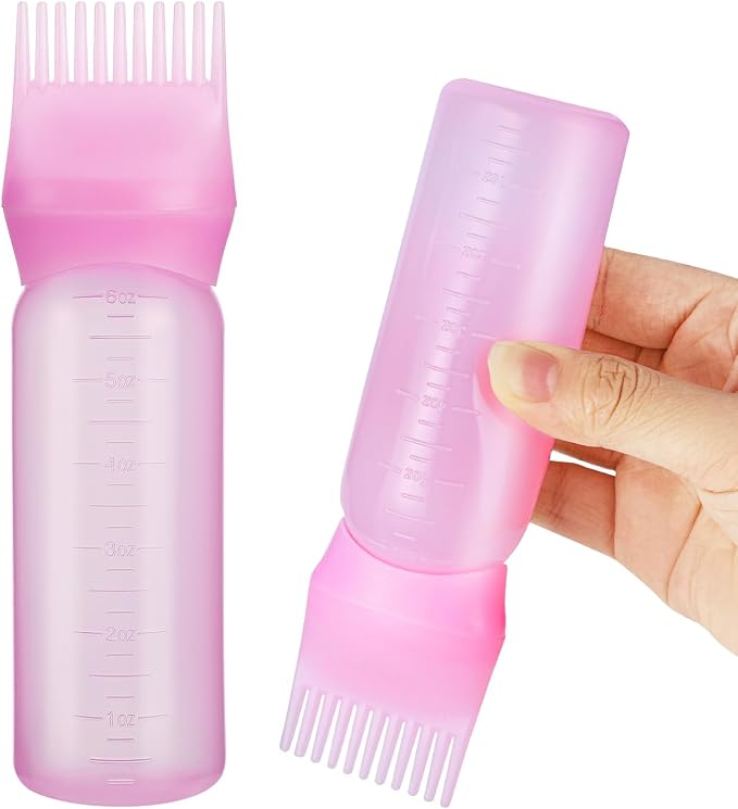 Pimoys 6Oz Root Comb Hair Dye Oil Applicator Bottles for Scalp, Pink | Plastic Squeeze Bottle Dispenser with Graduated Scale, Comb Tip Applicator For Hair Coloring Scalp Oiling, Home Salon Use