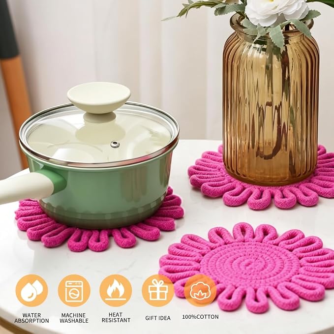 Kitchen Trivets for Hot Dishes Potholders for Countertop Hot Pads Hot Mats or Trivets for Hot Pots and Pans Home Essentials Boho Farmhouse Kitchen Decor Set of 3, 100% Cotton,7.5" (Rose-Red)