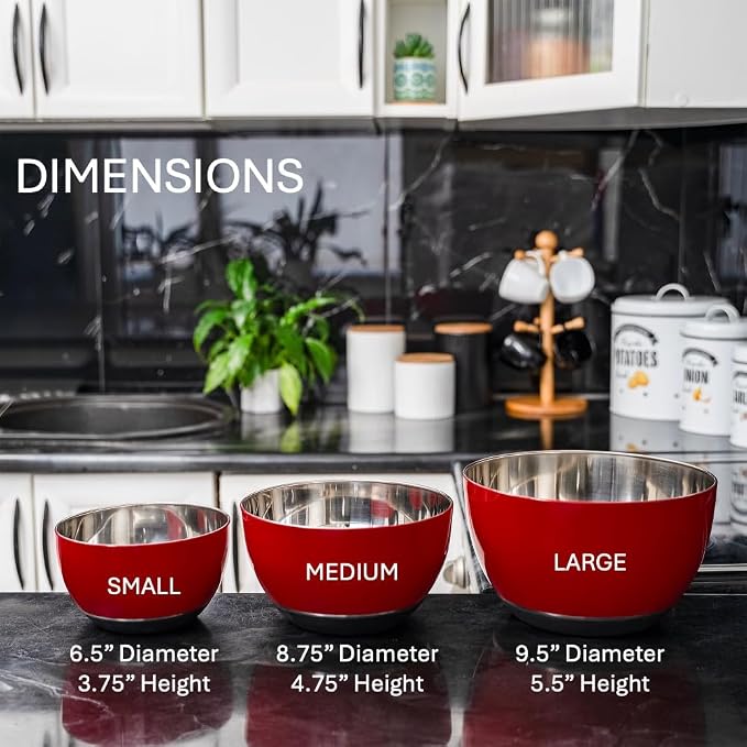 Stainless Steel Mixing Bowls Set, 3-Piece with Silicone Base | 1.5, 3 & 5 Qt Metal Bowls for Meal Prep, Baking, Cooking, Serving & Food Storage, Non-Slip Base, Dishwasher Safe, Red