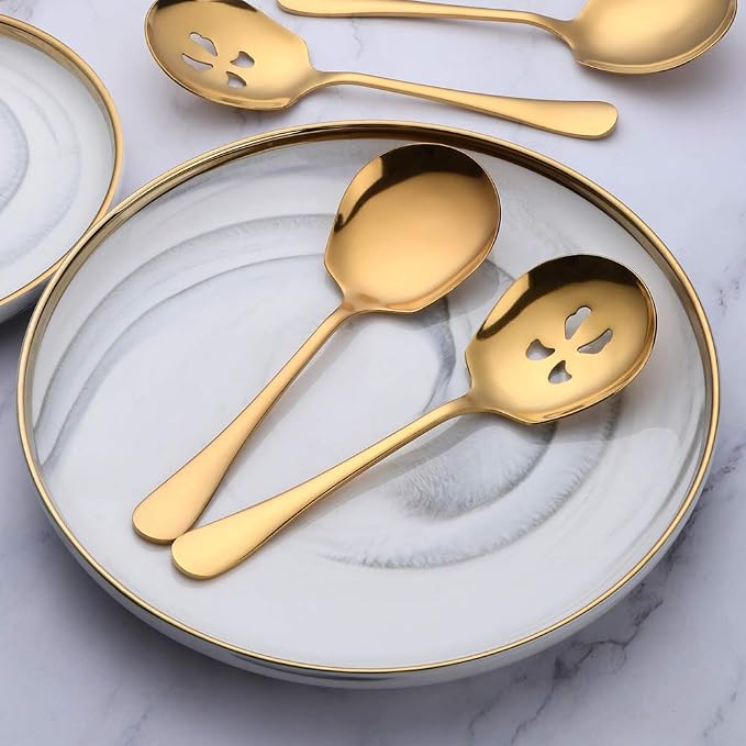 Meisha Serving Spoons Set, 3 Serving Spoons and 3 Slotted Serving Spoons, Matte Gold Stainless Steel Serving Utensils for Buffet Can Banquet Cooking Kitchen - Mirror Polished
