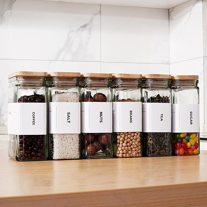 Glass Storage Jars with Bamboo Lid, glass canisters with airtight lids, Clear jars with lids for Spice, Cookie, Candy, Tea, Coffee Bean and Rice (White, 26 oz, Set of 6)