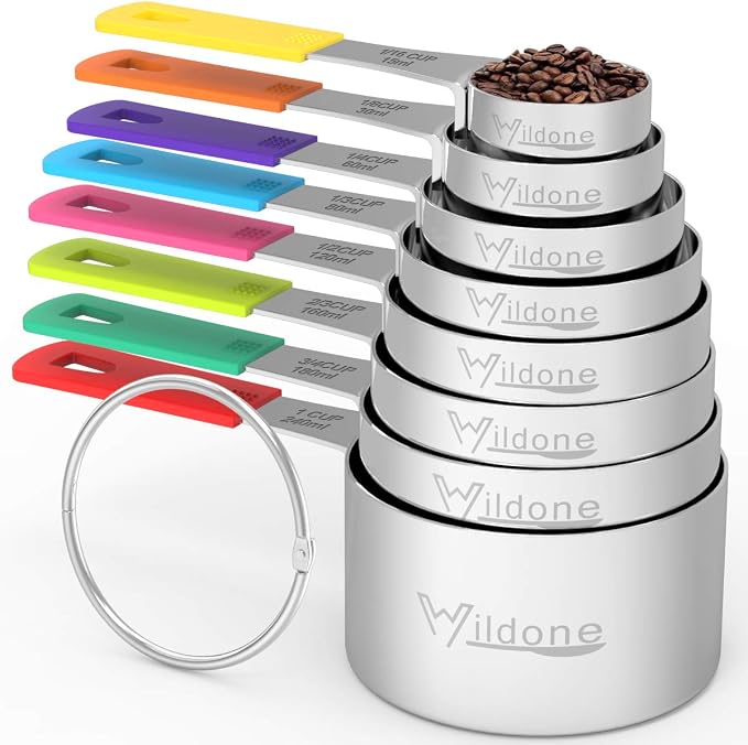 Wildone Measuring Cups & Spoons Set of 18 - Includes 8 Stainless Steel Nesting Measuring Cups, 9 Measuring Spoons, 1 Leveler, Ideal for Dry and Liquid Ingredients | Stainless Steel Kitchen Gadgets for Cooking & Baking, Heavy Duty for Measuring Dry/Liqu...