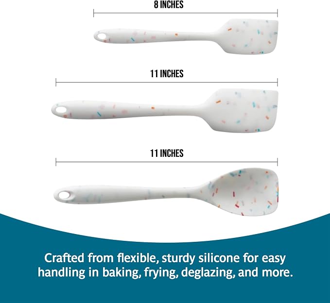 Trudeau Confetti Silicone Utensil Set – 11" Spatula, 11" Spoonula & 8" Small – Reinforced hybrid flexible silicone, BPA-free, heat resistant to 428°F, ergonomic & dishwasher safe.